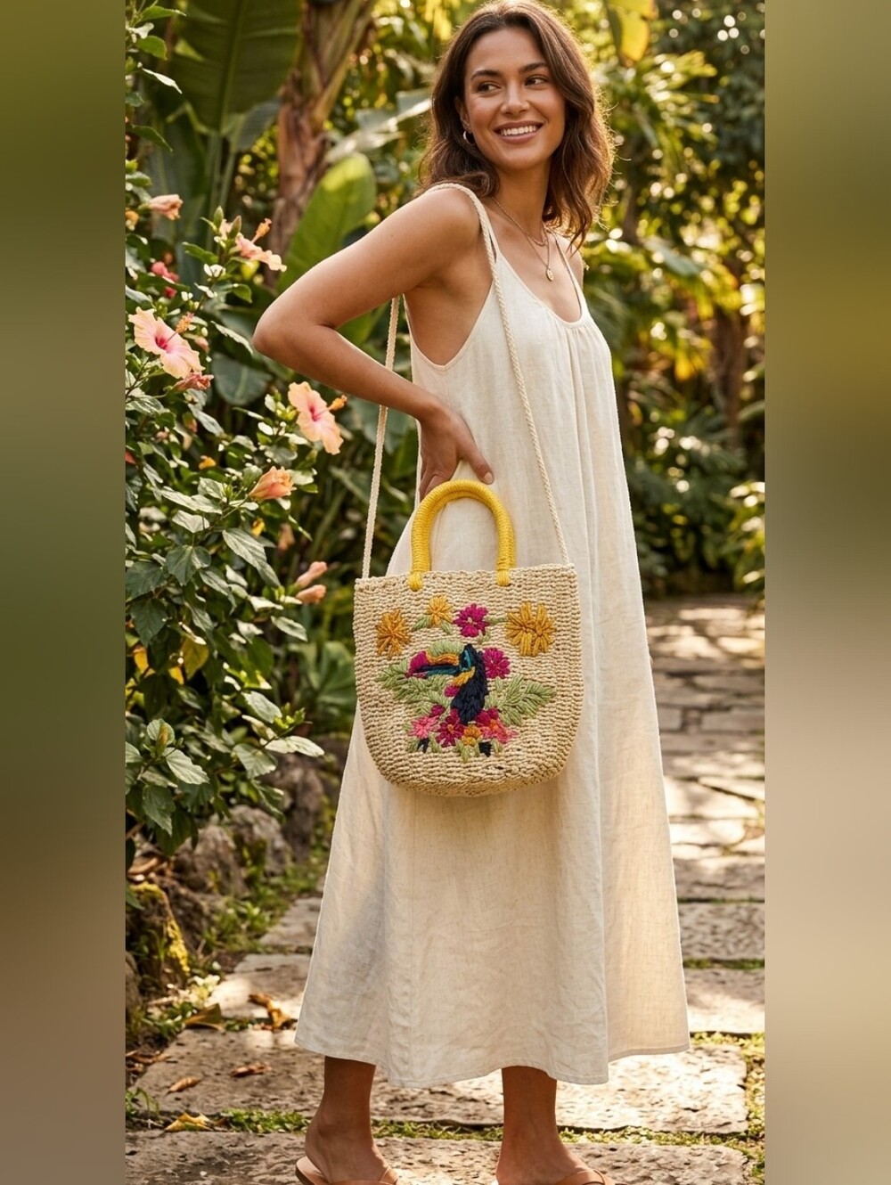STRAW STUDIO straw beach bohemian floral summer tote handbag purse colourful